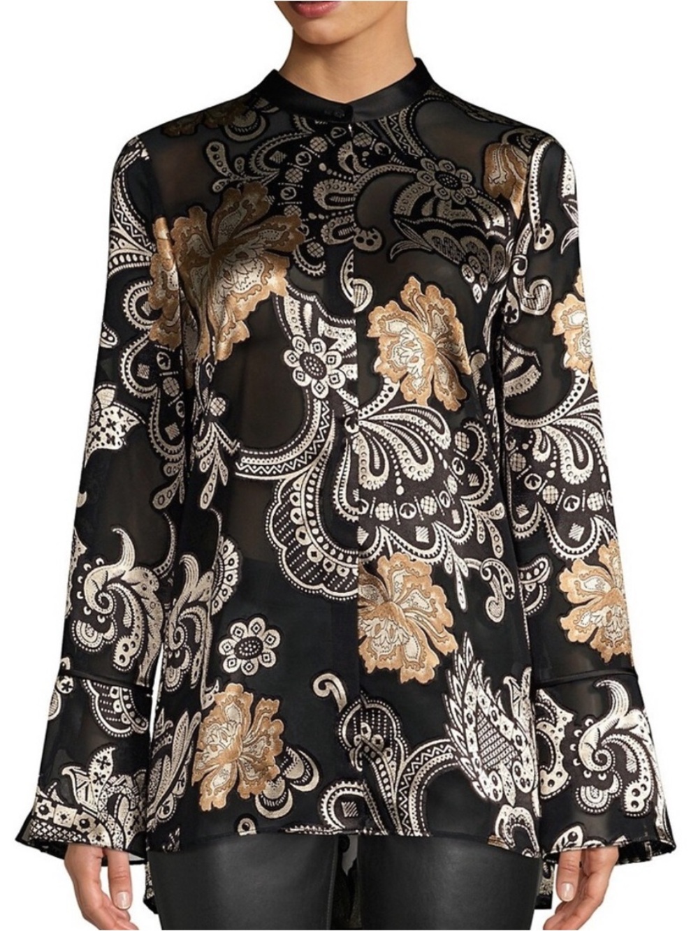 LAFAYETTE 148 Nicolette sheer black and gold long bell sleeve blouse size large
